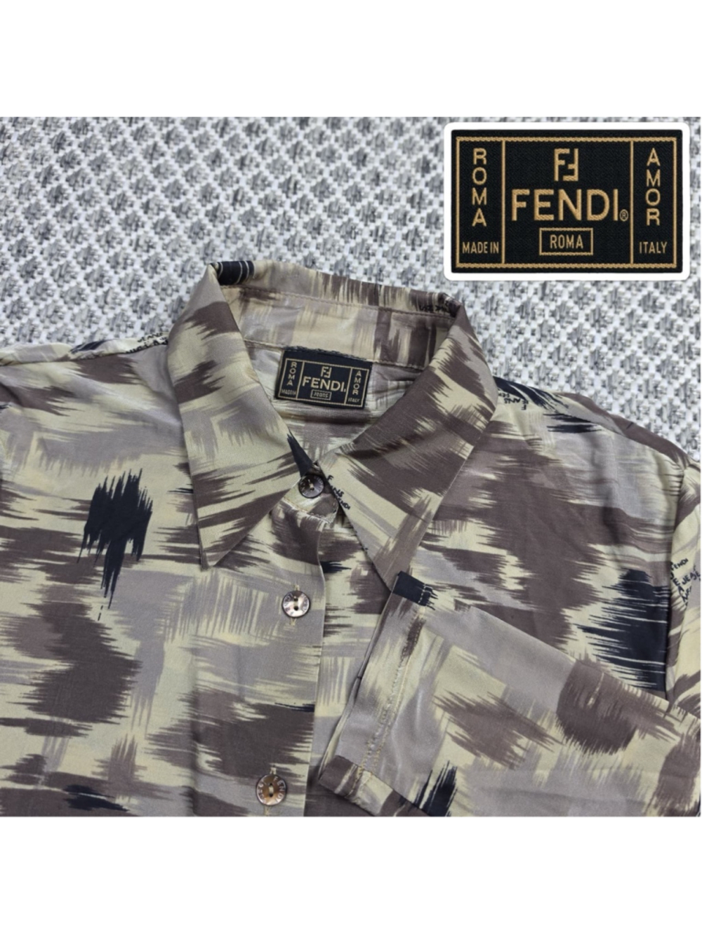 Vintage Fendi Jeans Womens 44 Abstract Print Rayon Shirt Blouse Made Italy Y2K